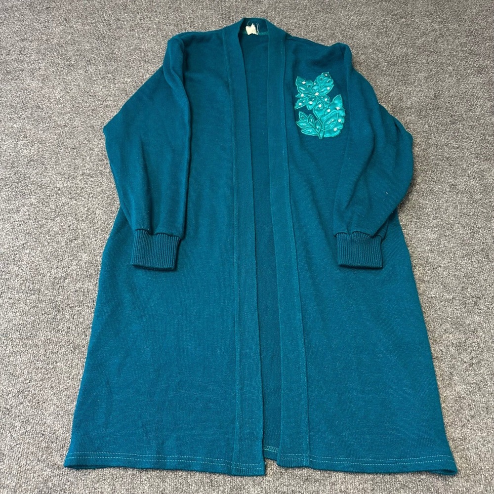 Unbranded Cardigan Womens Size L Teal Floral Applique Longline Open Front Knit